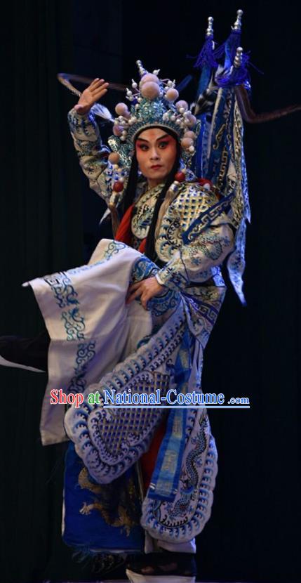 Lu Hua River Chinese Shanxi Opera Wusheng Apparels Costumes and Headpieces Traditional Jin Opera Martial Male Garment General Xue Yinglong Kao Clothing with Flags