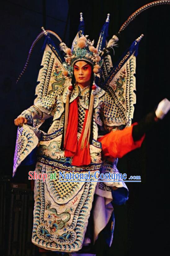 Lu Hua River Chinese Shanxi Opera Wusheng Apparels Costumes and Headpieces Traditional Jin Opera Martial Male Garment General Xue Yinglong Kao Clothing with Flags