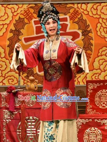 Chinese Jin Opera Hua Tan Garment Costumes and Headdress Yi Pu Zhong Hun Traditional Shanxi Opera Diva Cao Yulian Apparels Young Beauty Red Dress