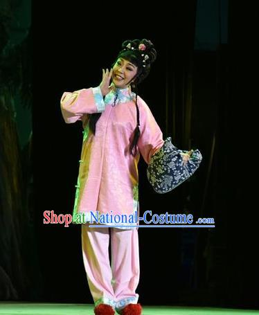 Chinese Jin Opera Village Girl Garment Costumes and Headdress Lian Li Yu Chenglong Traditional Shanxi Opera Young Lady Apparels Country Female Pink Dress