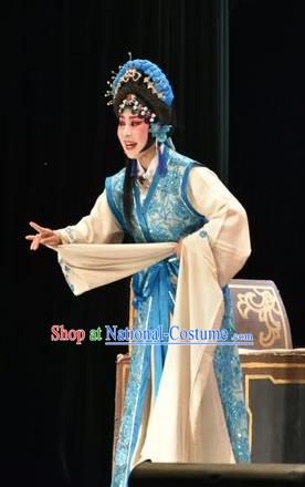 Chinese Jin Opera Distress Maiden Garment Costumes and Headdress Tears in Suzhou Traditional Shanxi Opera Diva Wang Lianjuan Apparels Actress Blue Dress