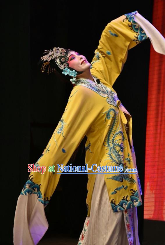 Chinese Jin Opera Palace Queen Garment Costumes and Headdress Shen Gong Qing Hun Traditional Shanxi Opera Hua Tan Apparels Actress Yellow Dress