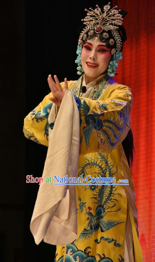 Chinese Jin Opera Palace Queen Garment Costumes and Headdress Shen Gong Qing Hun Traditional Shanxi Opera Hua Tan Apparels Actress Yellow Dress