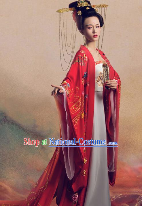 Chinese Ancient Imperial Consort Yang Hanfu Dress Apparels Traditional Tang Dynasty Magnificent Concubine Historical Costumes and Headdress Complete Set