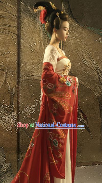 Chinese Ancient Imperial Consort Yang Hanfu Dress Apparels Traditional Tang Dynasty Magnificent Concubine Historical Costumes and Headdress Complete Set