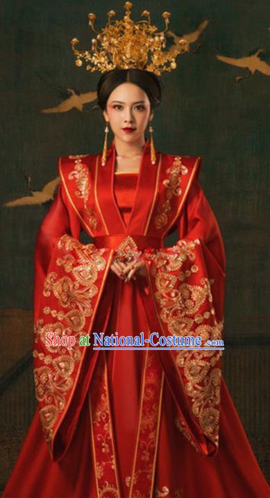 Chinese Ancient Imperial Empress Red Hanfu Dress Apparels Traditional Tang Dynasty Royal Queen Historical Costumes and Headdress for Women