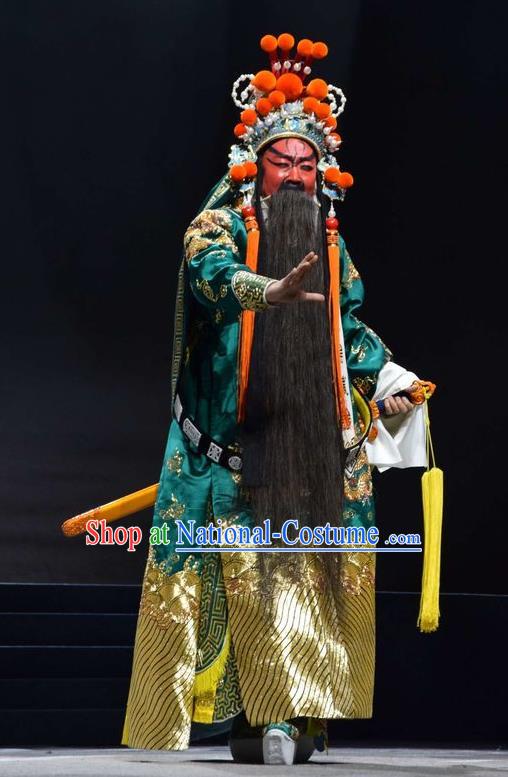 Guan Gong Chinese Shanxi Opera Military Official Guan Yu Apparels Costumes and Headpieces Traditional Jin Opera General Garment Painted Role Clothing