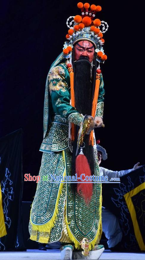 Guan Gong Chinese Shanxi Opera Martial Male Guan Yu Apparels Costumes and Headpieces Traditional Jin Opera General Garment Painted Role Green Armor Clothing