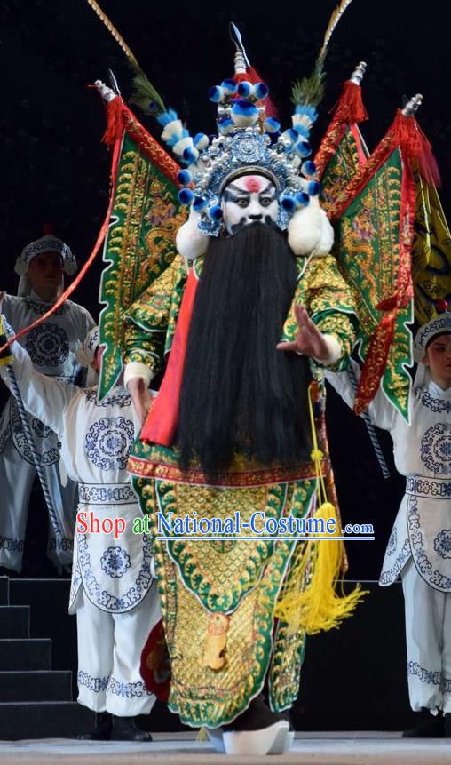 Guan Gong Chinese Shanxi Opera Jing Role Apparels Costumes and Headpieces Traditional Jin Opera General Garment Green Kao Clothing with Flags