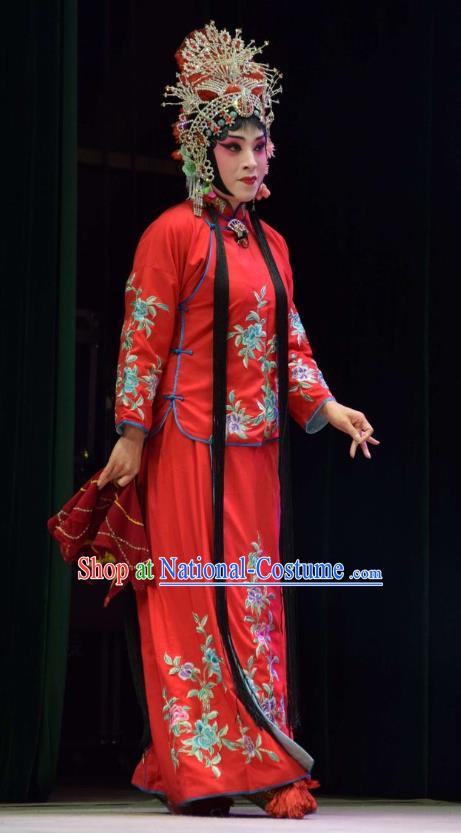 Chinese Jin Opera Hua Tan Garment Costumes and Headdress Xi Rong Gui Traditional Shanxi Opera Actress Apparels Diva Cui Xiuying Red Dress