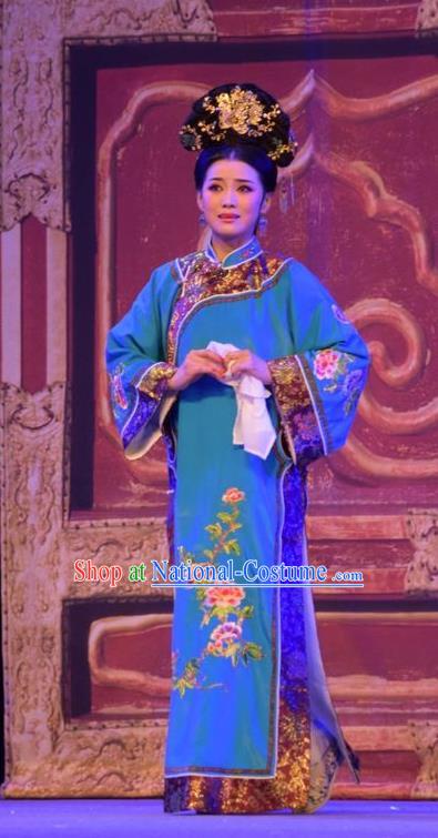 Chinese Jin Opera Qing Dynasty Woman Garment Costumes and Headdress Da Hu Ji Traditional Shanxi Opera Young Female Apparels Blue Dress