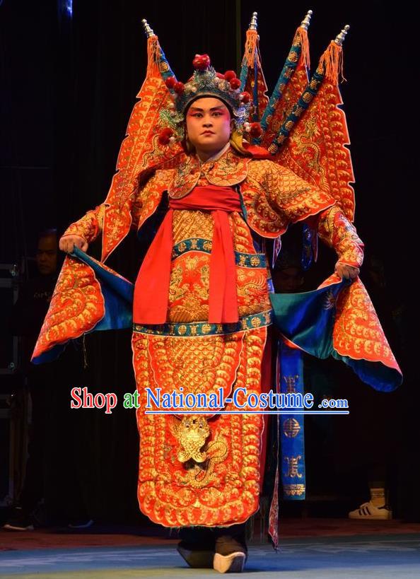 Shou Jiang Wei Chinese Shanxi Opera General JIang Wei Kao Apparels Costumes and Headpieces Traditional Jin Opera Army Pioneer Garment Armor Clothing with Flags