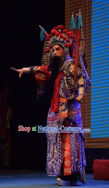 Shou Jiang Wei Chinese Shanxi Opera General Kao Apparels Costumes and Headpieces Traditional Jin Opera Shogun Garment Blue Armor Clothing with Flags