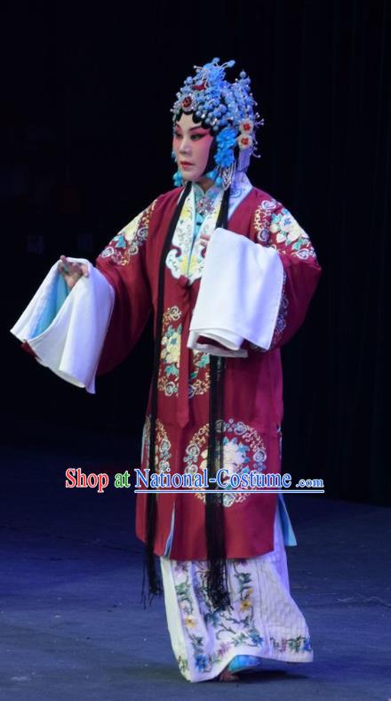 Chinese Jin Opera Diva Garment Costumes and Headdress Mu Guiying Command Traditional Shanxi Opera Actress Apparels Young Mistress Red Dress