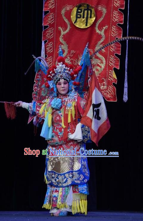 Chinese Jin Opera Tao Ma Tan Garment Costumes and Headdress Mu Guiying Command Traditional Shanxi Opera Blue Apparels Female General Dress with Flags