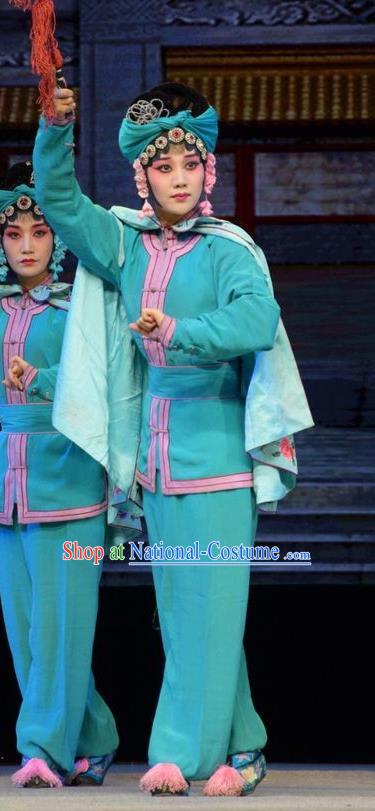 Chinese Jin Opera Wudan Garment Costumes and Headdress Big Feet Empress Traditional Shanxi Opera Martial Female Apparels Figurant Green Dress