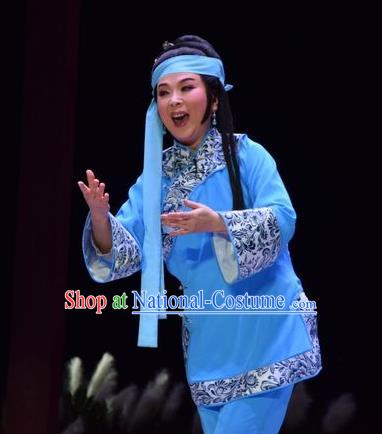 Chinese Jin Opera Distress Female Garment Costumes and Headdress The Legend of Jin E Traditional Shanxi Opera Country Woman Apparels Maid Dress