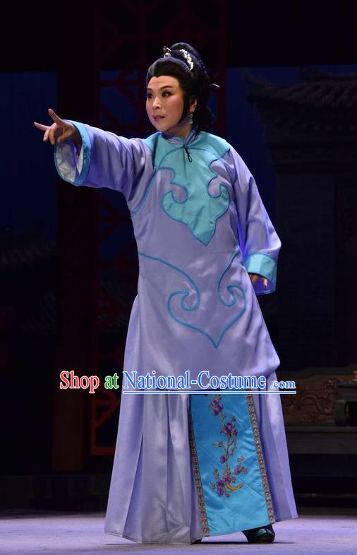 Chinese Jin Opera Elderly Female Garment Costumes and Headdress The Legend of Jin E Traditional Shanxi Opera Diva Apparels Maid Purple Dress