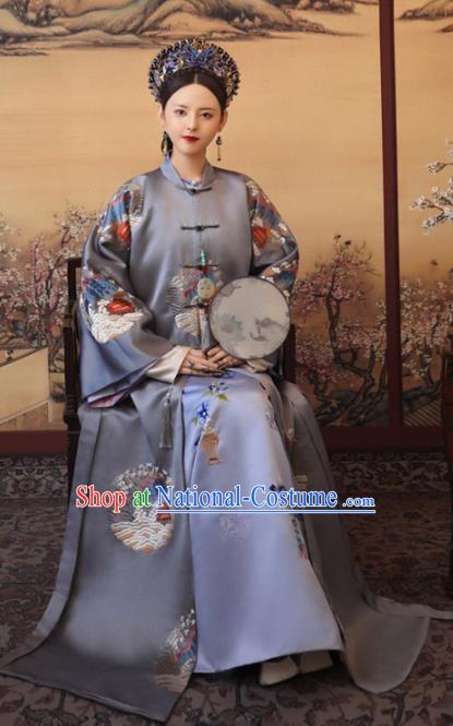 Chinese Historical Drama Ancient Imperial Consort Dress Traditional Hanfu Apparels Qing Dynasty Manchu Noble Female Replica Costumes and Headdress Complete Set