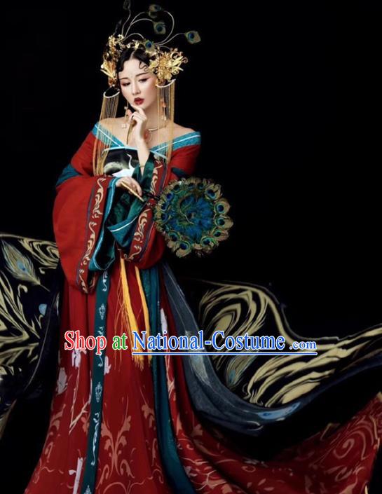 Chinese Historical Drama Ancient Fairy Princess Red Dress Traditional Hanfu Apparels Tang Dynasty Imperial Consort Replica Costumes and Headdress