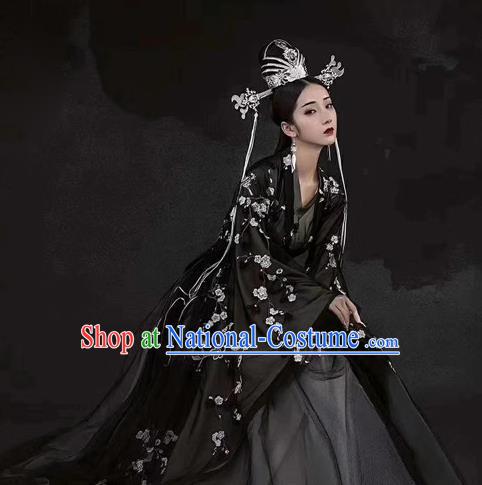 Chinese Ancient Royal Princess Black Dress Traditional Historical Drama Hanfu Apparels Han Dynasty Imperial Concubine Replica Costumes and Headdress Complete Set