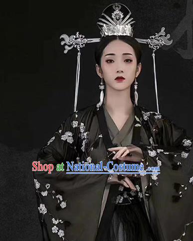 Chinese Ancient Royal Princess Black Dress Traditional Historical Drama Hanfu Apparels Han Dynasty Imperial Concubine Replica Costumes and Headdress Complete Set