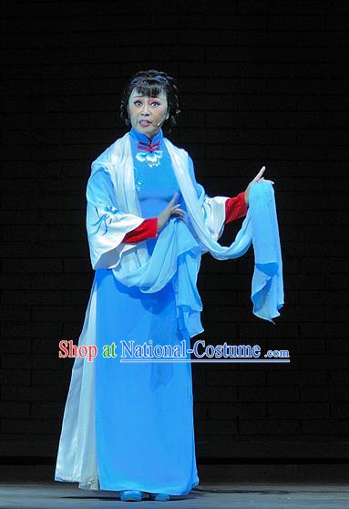 Chinese Jin Opera Hua Tan Song Lian Garment Costumes and Headdress Red Lantern Traditional Shanxi Opera Young Female Apparels Diva Blue Dress