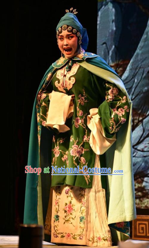 Chinese Jin Opera Young Female Garment Costumes and Headdress Shi Zi Jing Feng Traditional Shanxi Opera Actress Apparels Hua Tan Green Dress