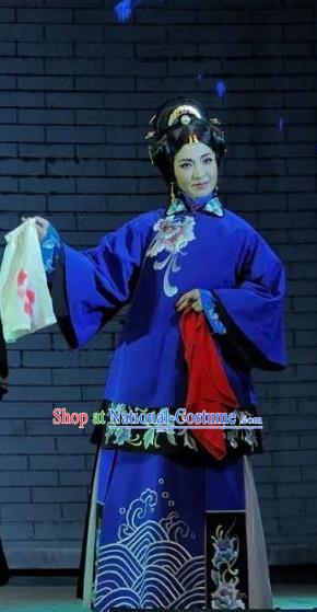 Chinese Jin Opera Young Woman Garment Costumes and Headdress Red Lantern Traditional Shanxi Opera Rich Concubine Apparels Blue Dress