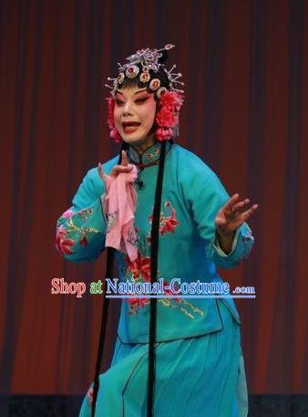 Chinese Shandong Opera Hua Tan Garment Costumes and Headdress Zi Mei Yi Jia Traditional Lu Opera Diva Apparels Actress Zhang Sumei Green Dress