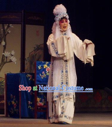 Chinese Henan Opera Distress Maiden Garment Costumes and Headdress The Romance of Hairpin Traditional Qu Opera Hua Tan Apparels Diva Qian Yulian White Dress