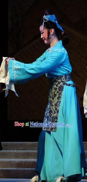 Chinese Shandong Opera Country Woman Garment Costumes and Headdress Hua Long Dian Jing Traditional Lu Opera Young Female Apparels Actress Si Niang Blue Dress