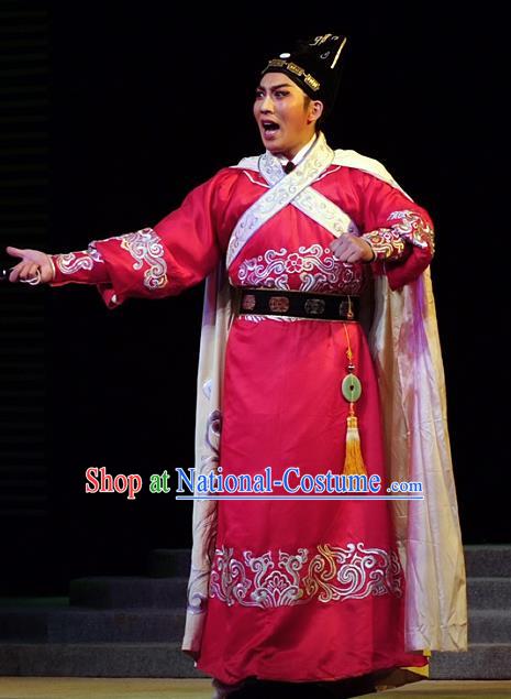 Hua Long Dian Jing Chinese Lu Opera Xiaosheng Apparels Costumes and Headpieces Traditional Shandong Opera Young Male Garment Li Shimin Red Clothing