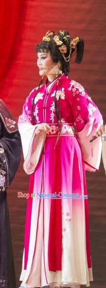 Chinese Henan Opera Young Beauty Garment Costumes and Headdress Huang Ye Hong Lou Traditional Qu Opera Hua Tan Apparels Actress Rosy Dress