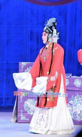 Chinese Shandong Opera Actress Garment Costumes and Headdress Forced Marriage Traditional Lu Opera Hua Tan Apparels Diva Hong Meirong Red Dress