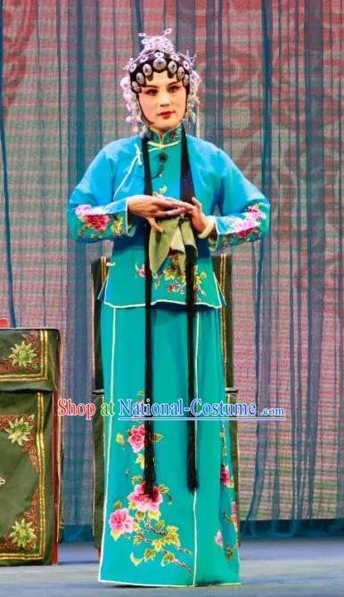 Chinese Shandong Opera Young Beauty Garment Costumes and Headdress Long Feng Mian Traditional Lu Opera Hua Tan Apparels Actress Liang Saijin Blue Dress