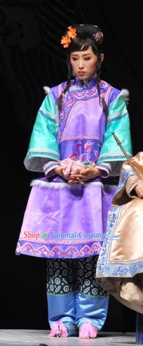 Chinese Beijing Opera Qing Dynasty Young Lady Garment Costumes and Headdress Under the Red Banner Traditional Qu Opera Xiaodan Apparels Actress Purple Dress