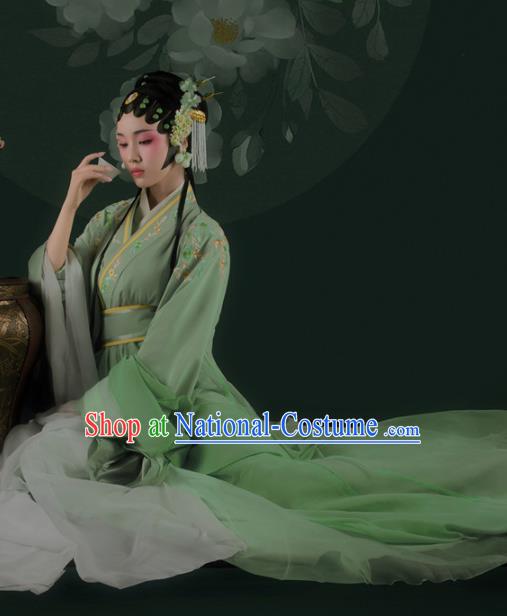 Chinese Drama Ancient Noble Female Green Dress Traditional Beijing Opera Hanfu Apparels Ming Dynasty Patrician Lady Historical Costumes and Headdress Complete Set