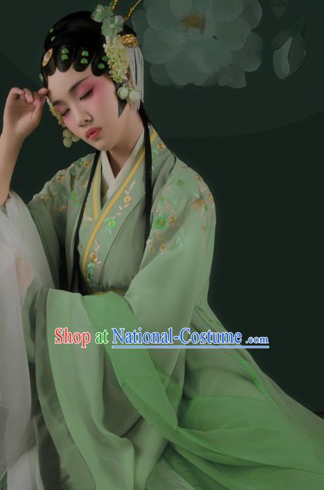 Chinese Drama Ancient Noble Female Green Dress Traditional Beijing Opera Hanfu Apparels Ming Dynasty Patrician Lady Historical Costumes and Headdress Complete Set