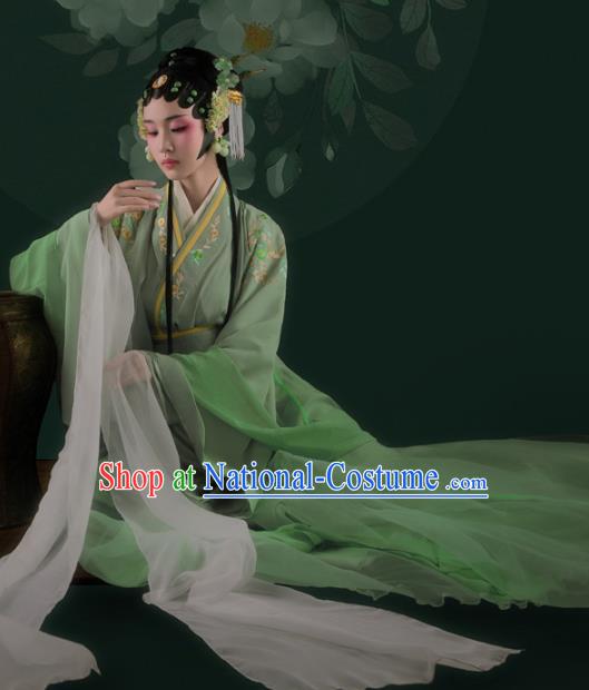 Chinese Drama Ancient Noble Female Green Dress Traditional Beijing Opera Hanfu Apparels Ming Dynasty Patrician Lady Historical Costumes and Headdress Complete Set