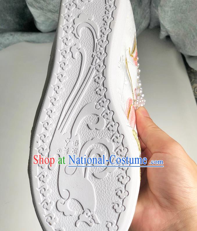 Chinese Ancient Princess Pearls Bow Shoes Traditional Cloth Shoes Wedding Hanfu Shoes Embroidered Shoes for Women