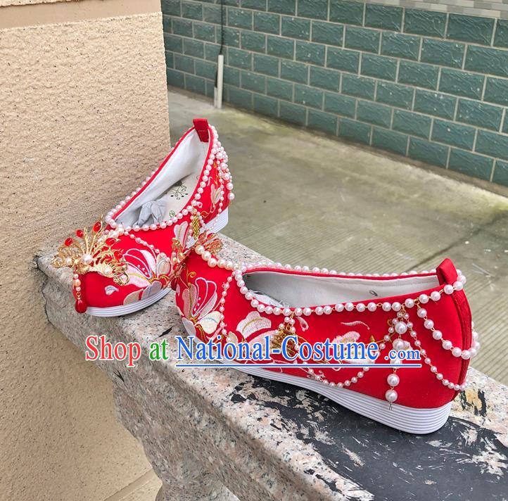 Chinese Traditional Cloth Shoes Wedding Hanfu Shoes Ancient Princess Pearls Bow Shoes Red Embroidered Shoes for Women