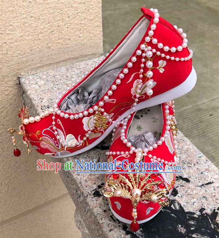 Chinese Traditional Cloth Shoes Wedding Hanfu Shoes Ancient Princess Pearls Bow Shoes Red Embroidered Shoes for Women