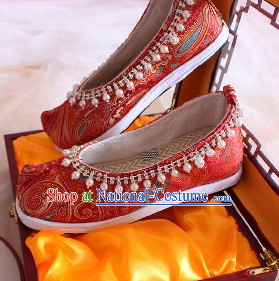 Chinese Handmade Wedding Red Satin Shoes Traditional Pearls Hanfu Shoes Women Embroidered Shoes Ancient Princess Shoes