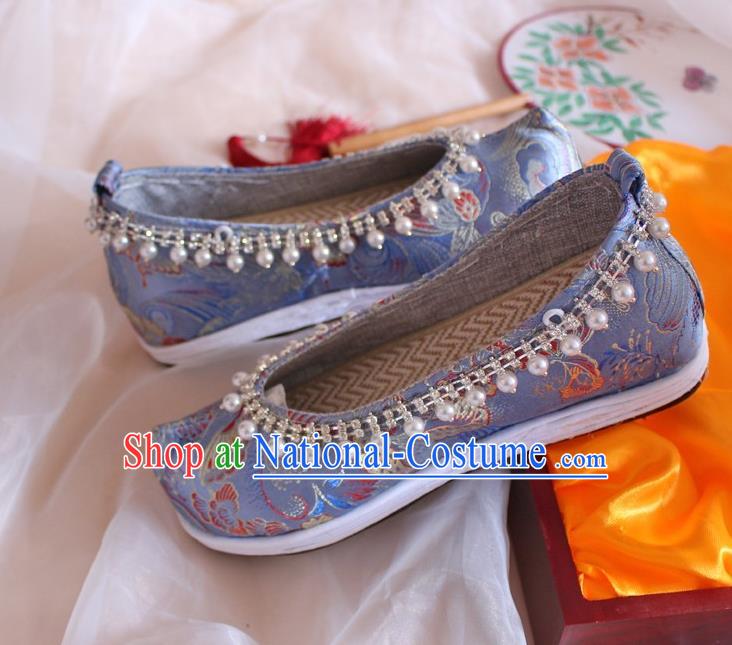 Chinese Handmade Blue Satin Shoes Traditional Pearls Hanfu Shoes Women Embroidered Shoes Ancient Princess Wedding Shoes