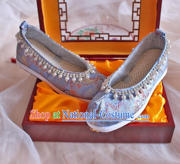 Chinese Handmade Blue Satin Shoes Traditional Pearls Hanfu Shoes Women Embroidered Shoes Ancient Princess Wedding Shoes