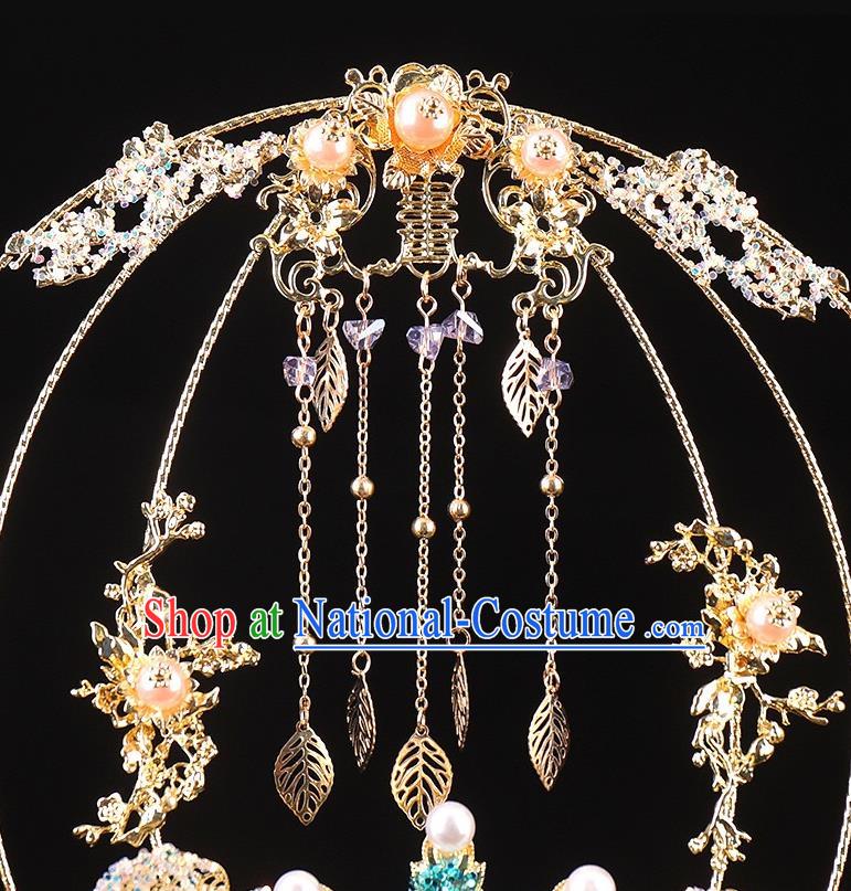 Chinese Handmade Wedding Prop Traditional Golden Flowers Hanfu Fan Ancient Round Fan Tassel Palace Fan