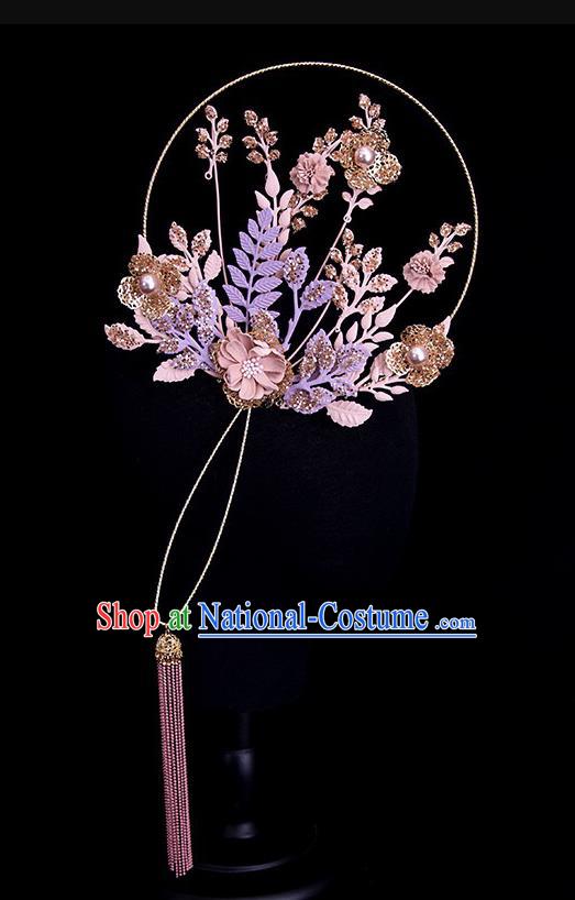 Chinese Handmade Bride Prop Traditional Flowers Hanfu Fan Ancient Wedding Round Fan Purple Leaf Palace Fan