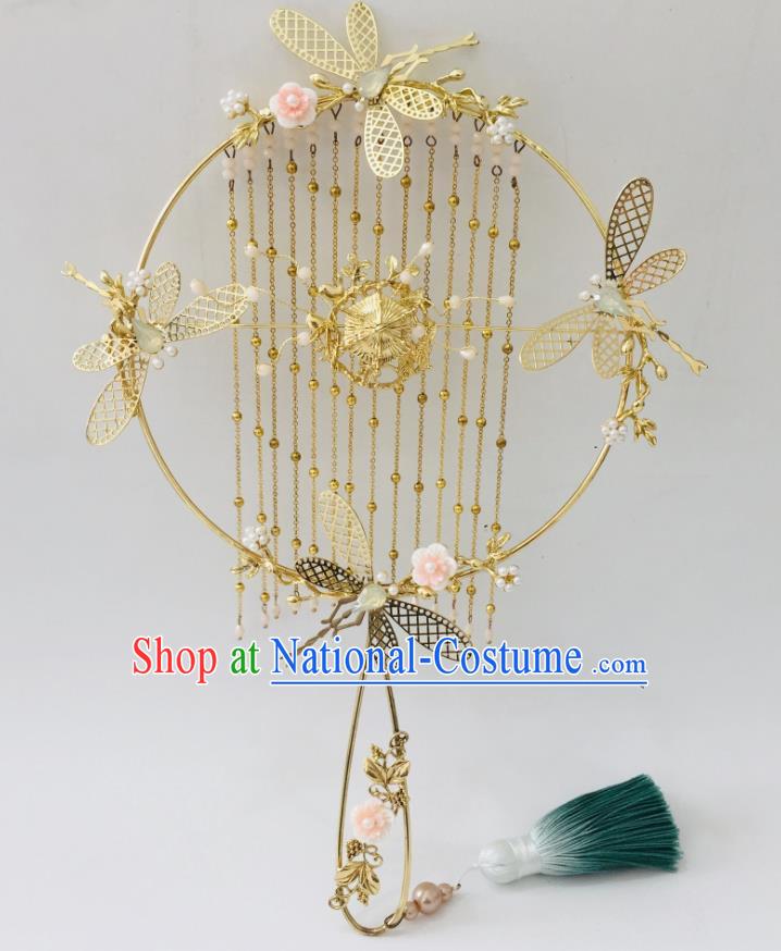 Chinese Handmade Bride Prop Traditional Golden Dragonfly Hanfu Fan Ancient Wedding Round Fan Tassel Palace Fan