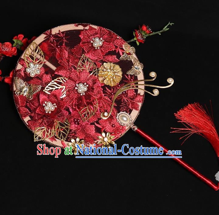 Chinese Handmade Bride Prop Traditional Hanfu Fan Ancient Wedding Round Fan Red Embroidered Palace Fan